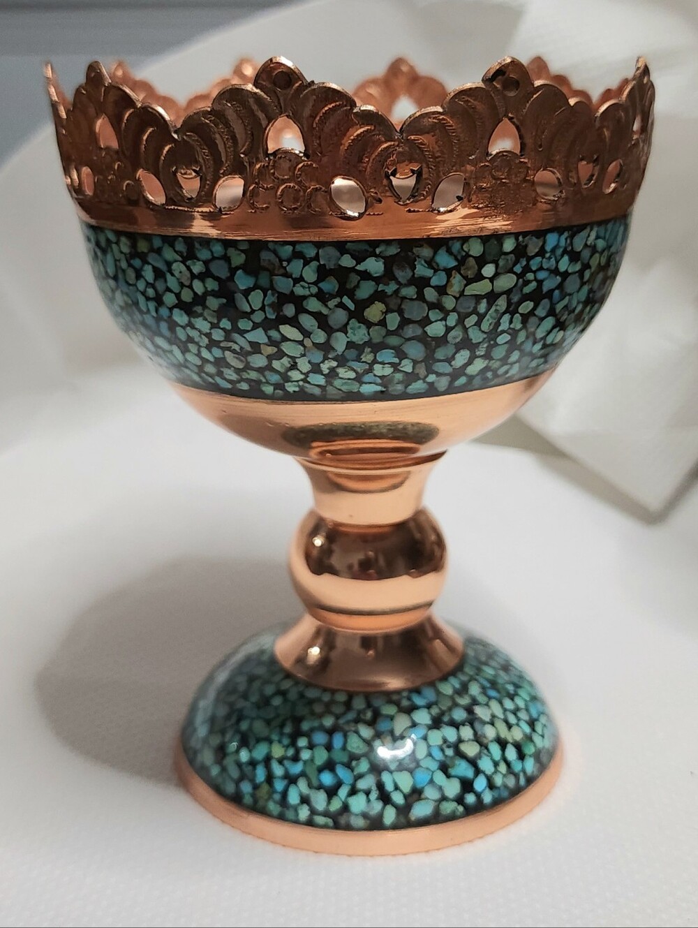 Rare Signed Firoozeh Koobi Turquoise Inlay Copper Vessel with Filigree Detailing